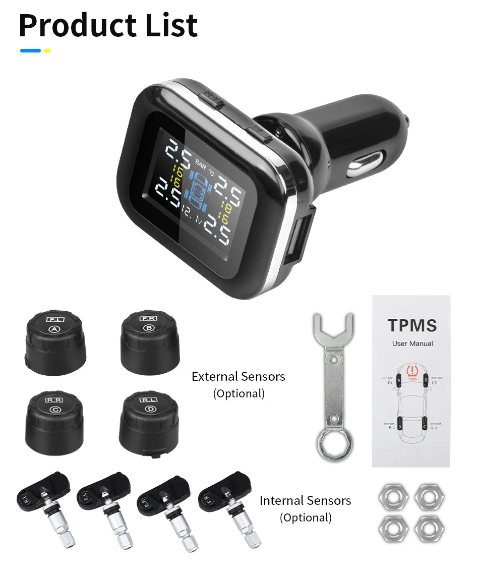 Car TPMS Cigarette Lighter Wireless Universal TPMS USB Digital tpms Tire Pressure Alarm System 4 External Internal Sensor