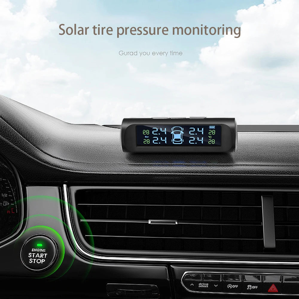 433.92MHZ Car TPMS Digital Solar Power Car Tire Pressure Monitoring System With 4 Sensors USB Auto Security Alarm tool PSI BAR