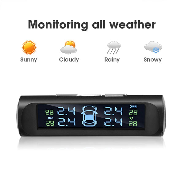 433.92MHZ Car TPMS Digital Solar Power Car Tire Pressure Monitoring System With 4 Sensors USB Auto Security Alarm tool PSI BAR