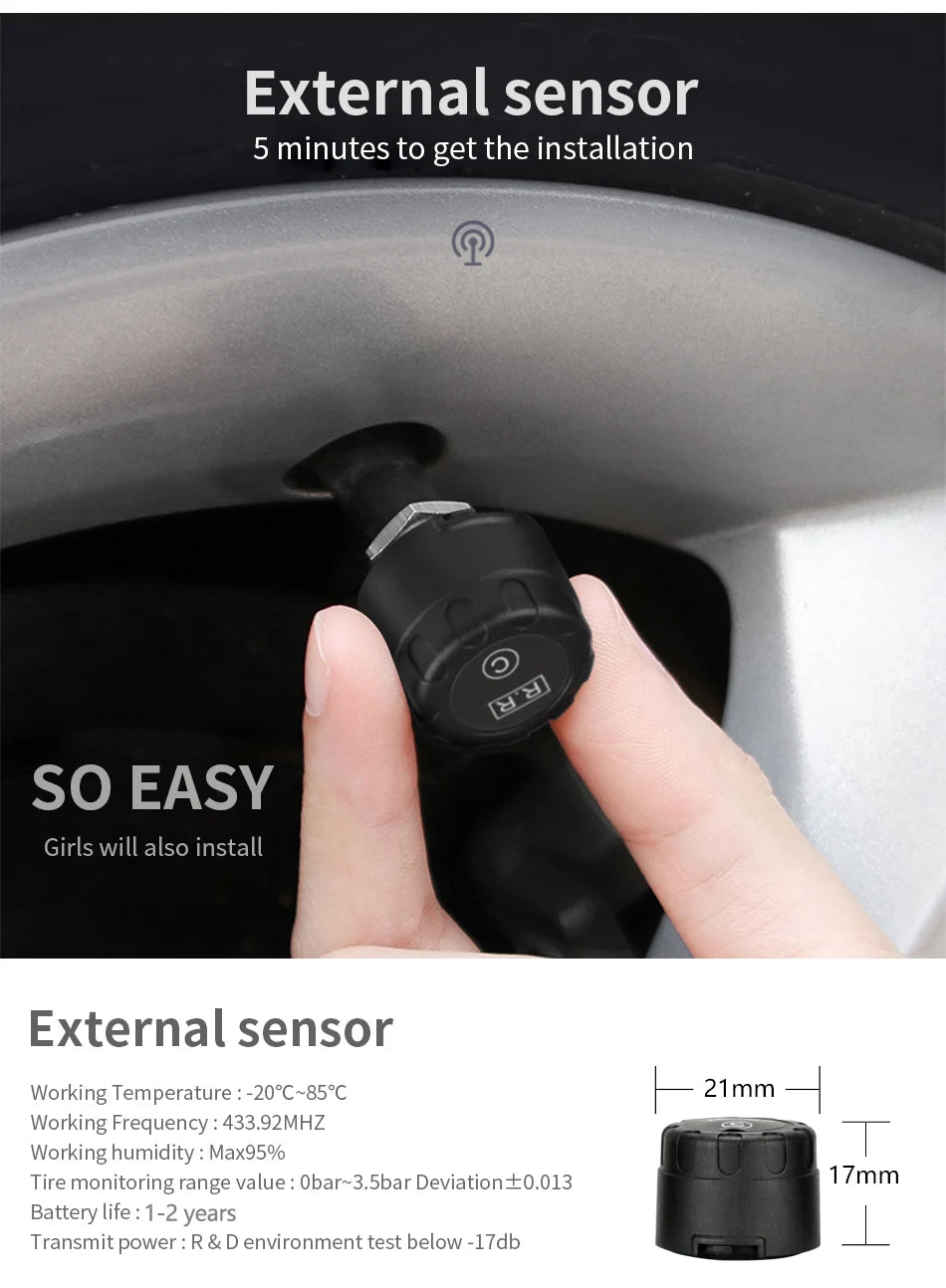 Car TPMS Cigarette Lighter Wireless Universal TPMS USB Digital tpms Tire Pressure Alarm System 4 External Internal Sensor