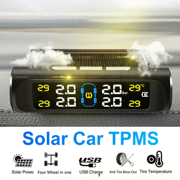 Car Intelligent TPMS Solar Tyre Pressure Monitoring System With 4 External Sensors For Tyre Temperature Tire Air Pressure Gauge