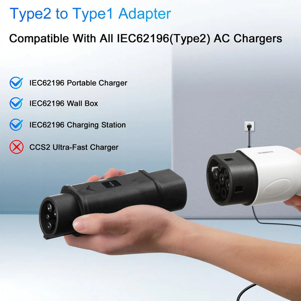 Type2 to Type1 EV Charger Adapter 32A Single Phase Compatible with Type 2 Charger for Electric Car with Type 1 Charging Socket