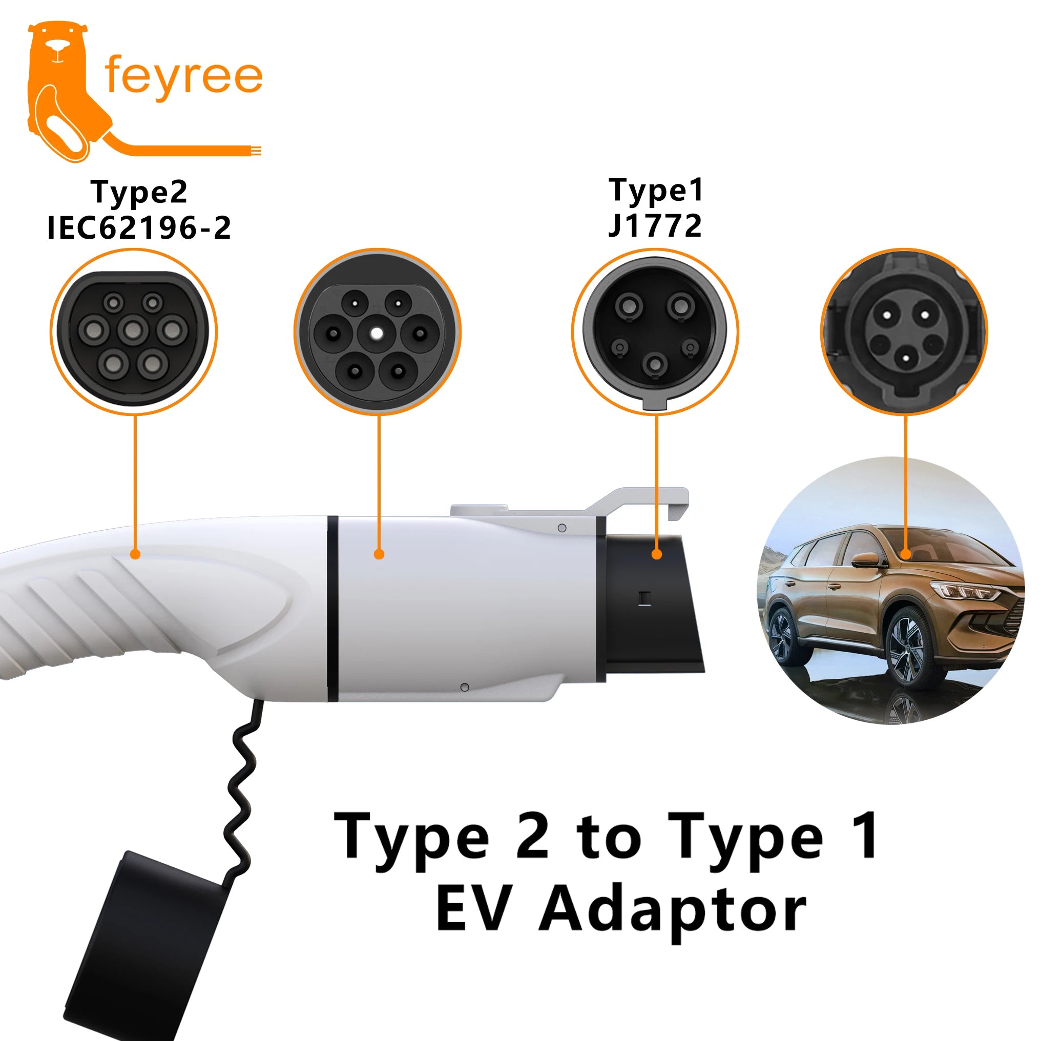 feyree Type 2 to Type 1 Adapter IEC 62196-2 to J1772 EV Charger Adapter for Electric Vehicle Charging 16A 32A Single Phase