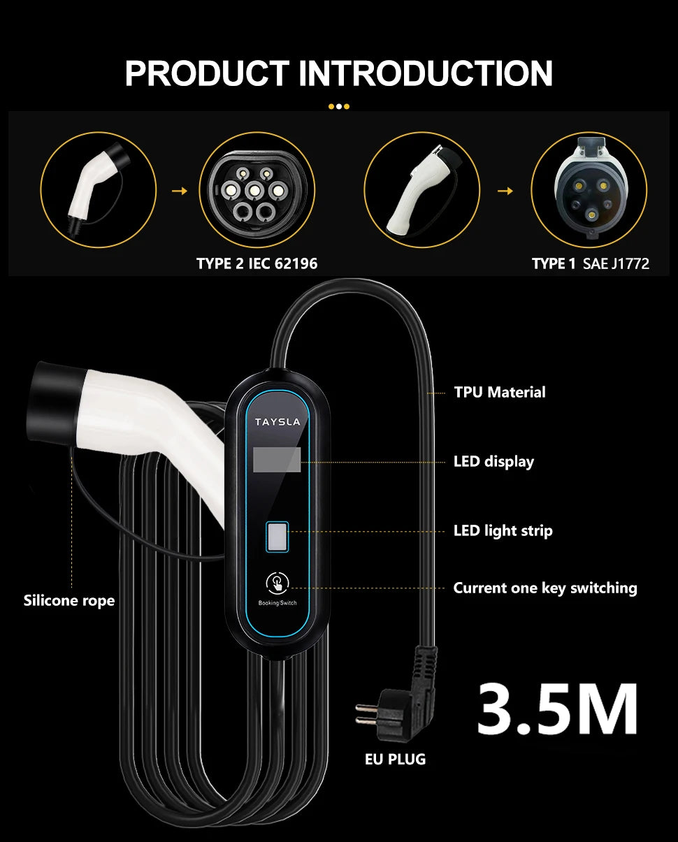 TAYSLA Electric Car Charger 3.5kW 16A Type 2 Portable EV Charger