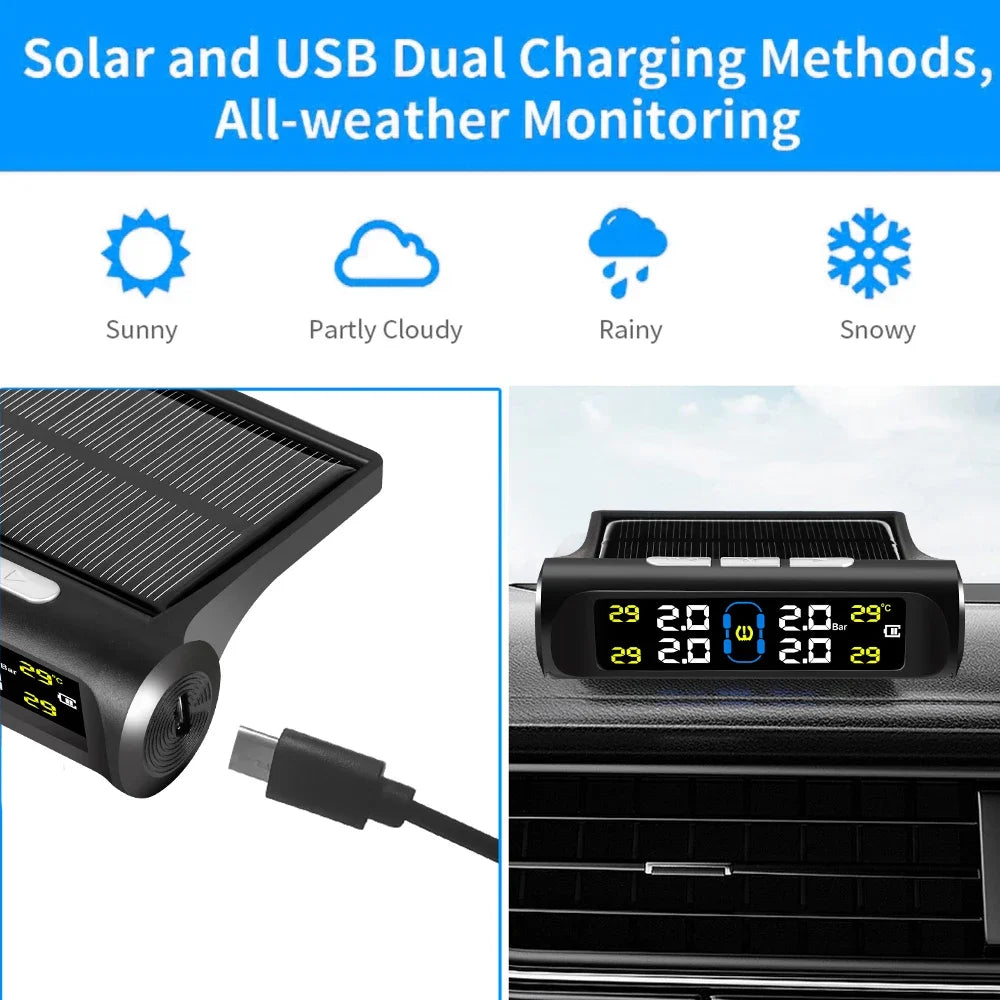 Car Intelligent TPMS Solar Tyre Pressure Monitoring System With 4 External Sensors For Tyre Temperature Tire Air Pressure Gauge