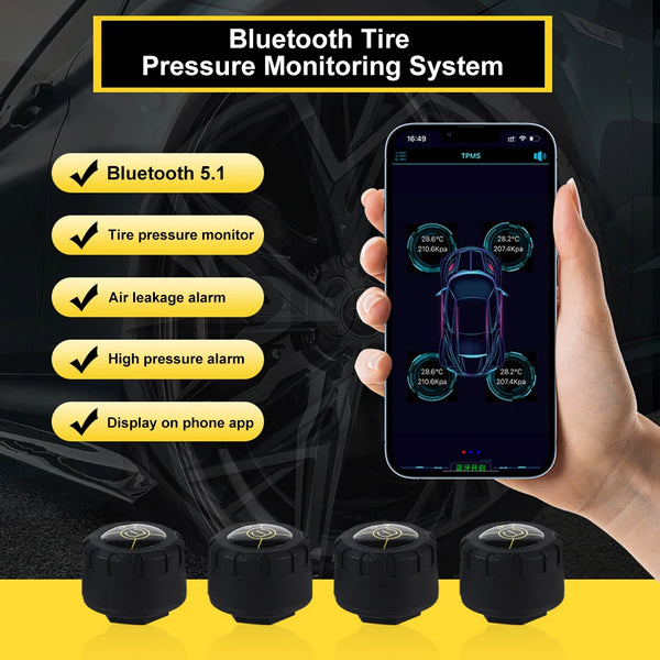 Tire Pressure Monitoring System 4Pcs Bluetooth TPMS External Sensors Real-time Pressure and Temperature Sensor for Android/iOS