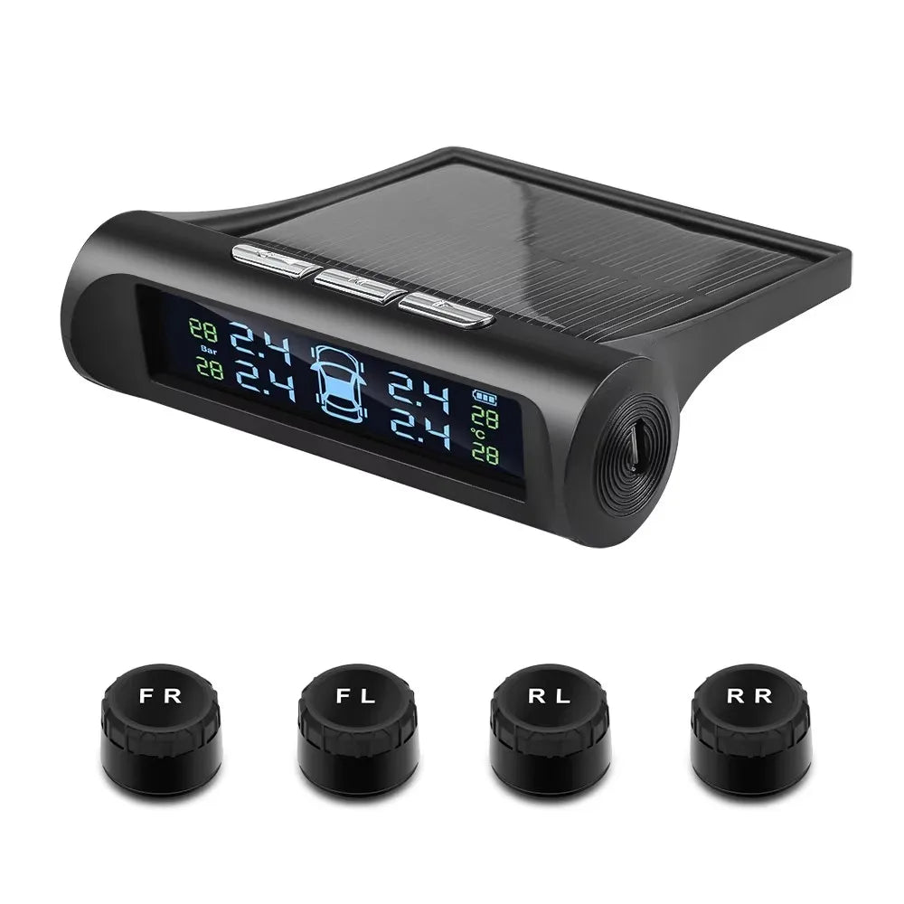 433.92MHZ Car TPMS Digital Solar Power Car Tire Pressure Monitoring System With 4 Sensors USB Auto Security Alarm tool PSI BAR