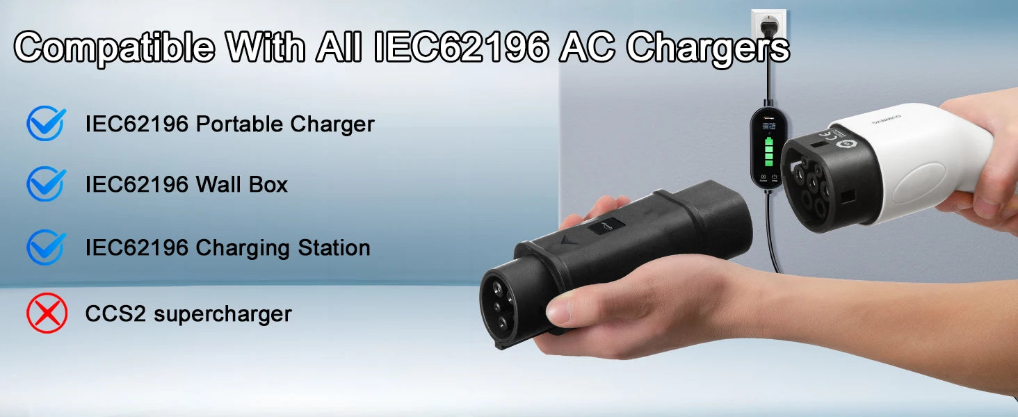 Type2 to Type1 EV Charger Adapter 32A Single Phase Compatible with Type 2 Charger for Electric Car with Type 1 Charging Socket