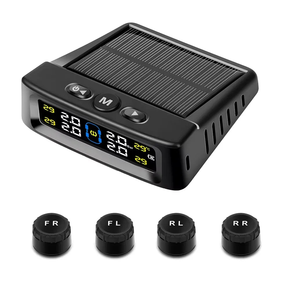 433.92MHZ Car TPMS Digital Solar Power Car Tire Pressure Monitoring System With 4 Sensors USB Auto Security Alarm tool PSI BAR