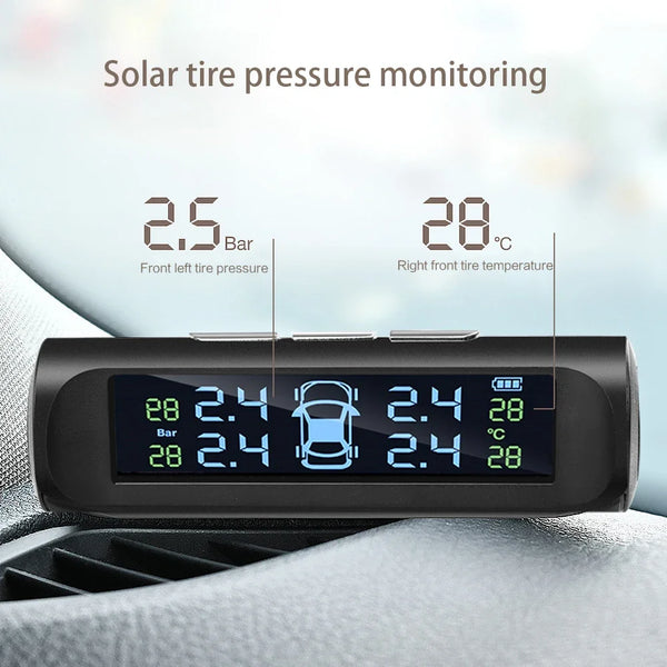 433.92MHZ Car TPMS Digital Solar Power Car Tire Pressure Monitoring System With 4 Sensors USB Auto Security Alarm tool PSI BAR