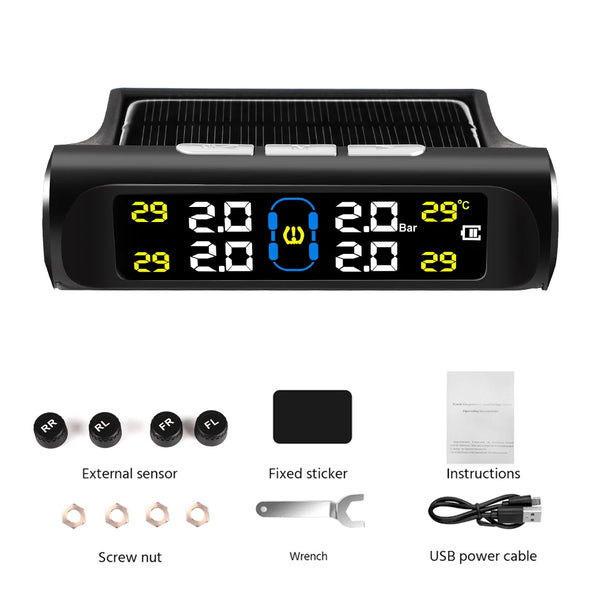 Car Intelligent TPMS Solar Tyre Pressure Monitoring System With 4 External Sensors For Tyre Temperature Tire Air Pressure Gauge