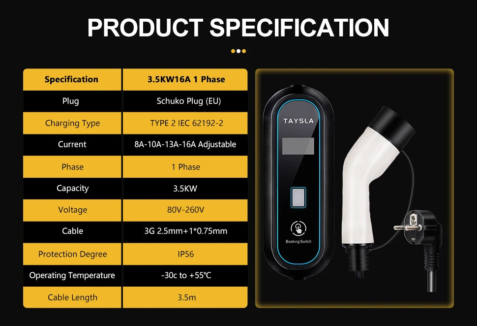 TAYSLA Electric Car Charger 3.5kW 16A Type 2 Portable EV Charger