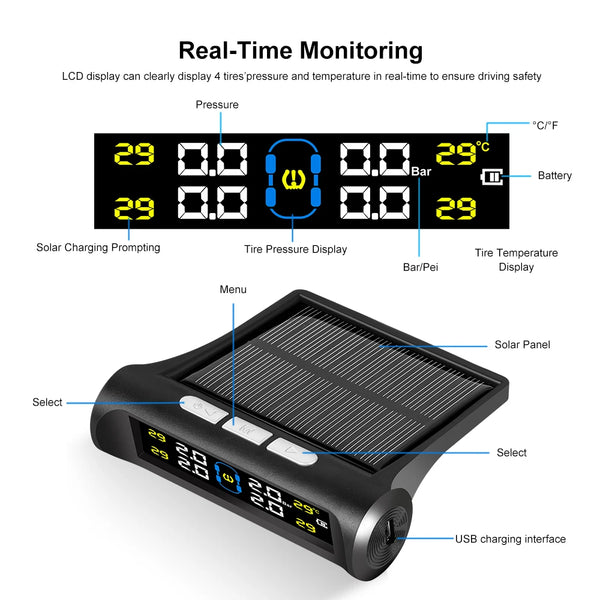 Car Intelligent TPMS Solar Tyre Pressure Monitoring System With 4 External Sensors For Tyre Temperature Tire Air Pressure Gauge