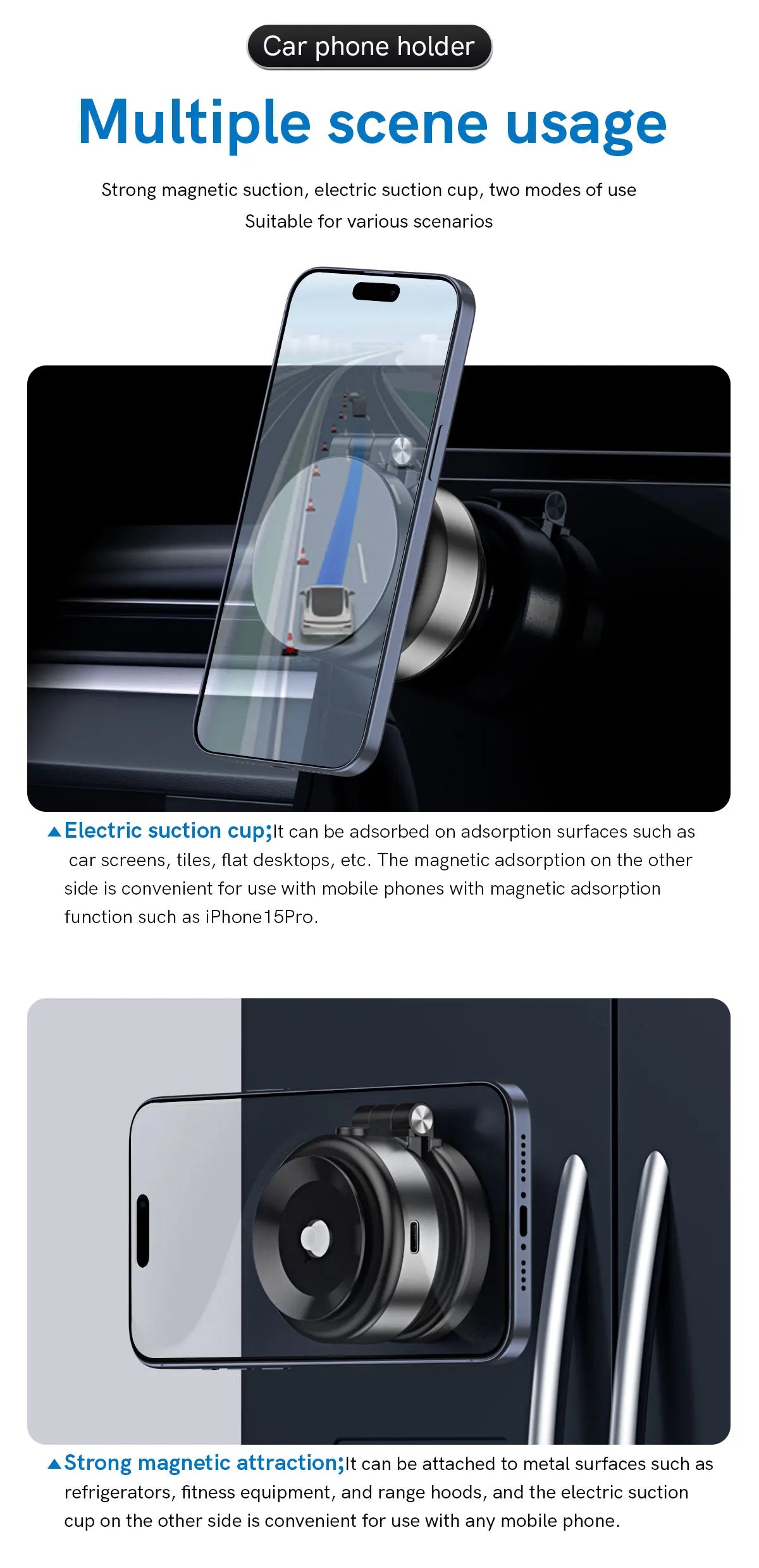 Car Phone Holder Electric Vacuum Suction Cup Telescopic Strong Magnetic Adsorption Bracket Gym Kitchen Stand For iPhone 14 15 16