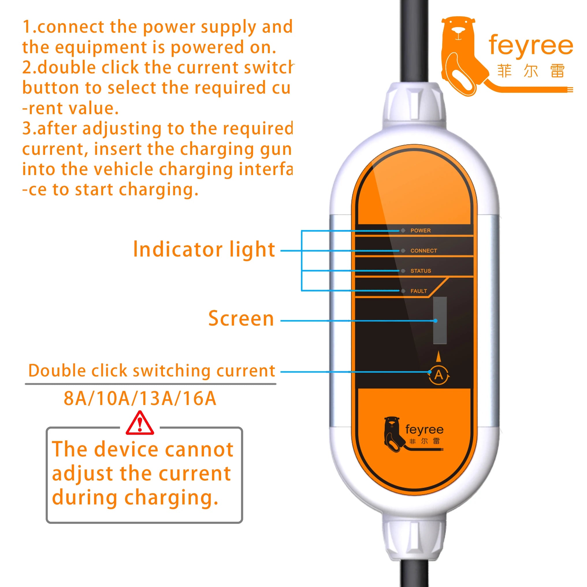 feyree EV Charger GB/T Cord 16A 3.5KW 1Phase Portable Charger