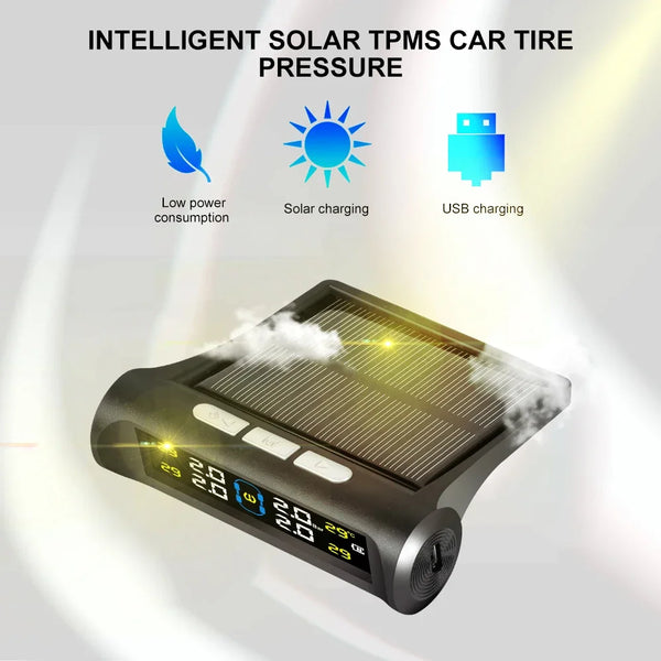 Car Intelligent TPMS Solar Tyre Pressure Monitoring System With 4 External Sensors For Tyre Temperature Tire Air Pressure Gauge