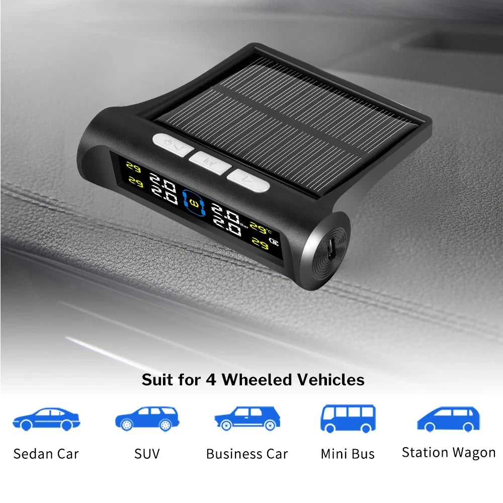 Car Intelligent TPMS Solar Tyre Pressure Monitoring System With 4 External Sensors For Tyre Temperature Tire Air Pressure Gauge