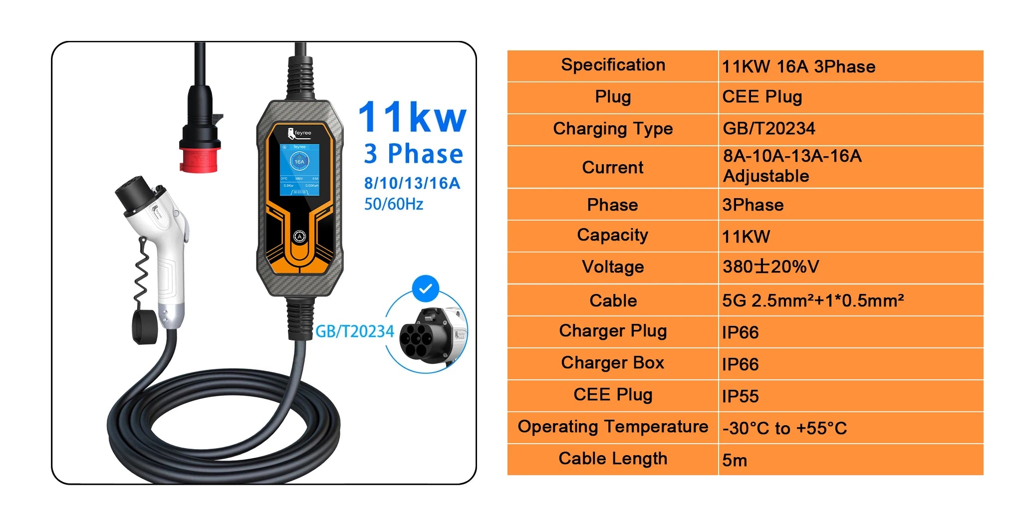 feyree EV Charger GB/T Cord 16A 3.5KW 1Phase Portable Charger