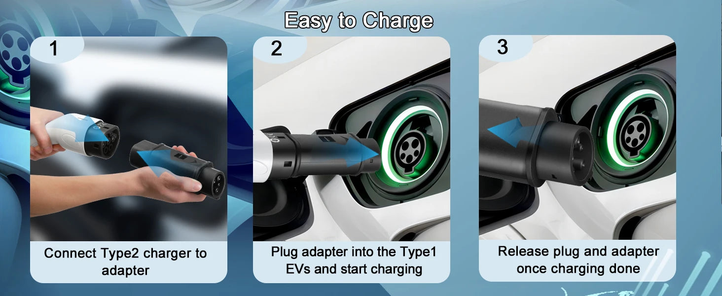 Type2 to Type1 EV Charger Adapter 32A Single Phase Compatible with Type 2 Charger for Electric Car with Type 1 Charging Socket