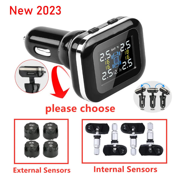 Car TPMS Cigarette Lighter Wireless Universal TPMS USB Digital tpms Tire Pressure Alarm System 4 External Internal Sensor