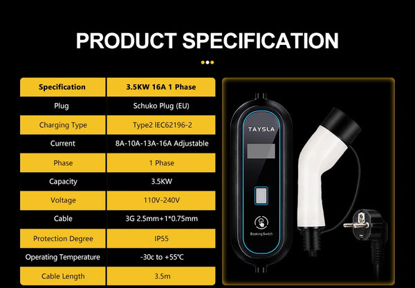 TAYSLA EV Charger Type 2 IEC62196-2 Portable EVSE Charging Cable