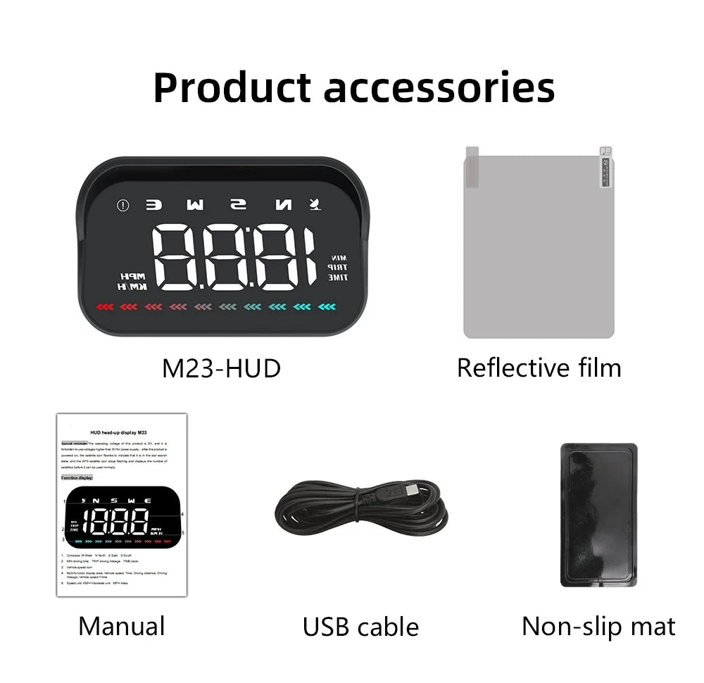 GPS HUD M23 Speedometer Windshield Projector Display of Driving Time Distance and Direction with Alarm System for all vehicles