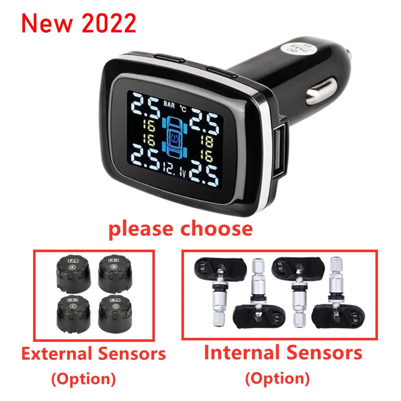 Car TPMS Cigarette Lighter Wireless Universal TPMS USB Digital tpms Tire Pressure Alarm System 4 External Internal Sensor