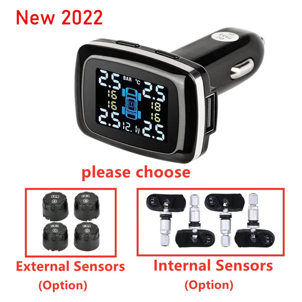 Car TPMS Cigarette Lighter Wireless Universal TPMS USB Digital tpms Tire Pressure Alarm System 4 External Internal Sensor