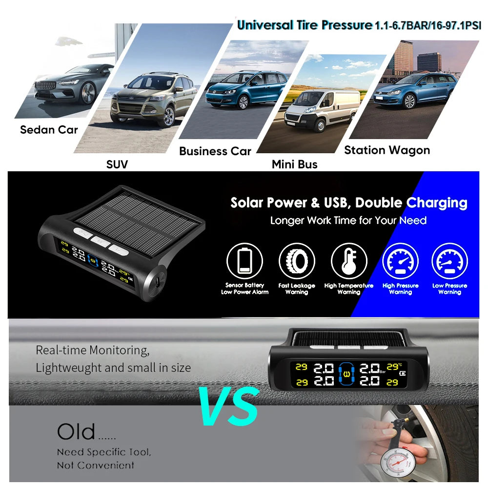 Car Intelligent TPMS Solar Tyre Pressure Monitoring System With 4 External Sensors For Tyre Temperature Tire Air Pressure Gauge