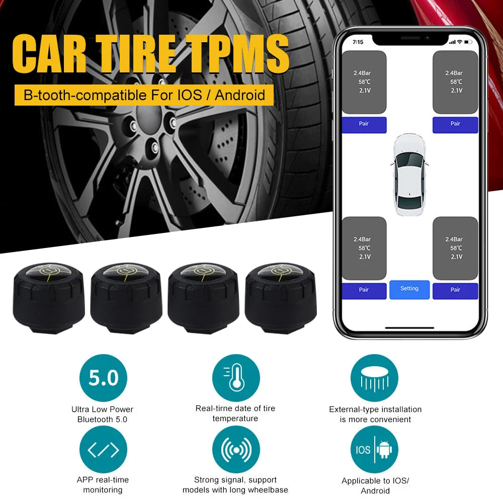 Tire Pressure Monitoring System 4Pcs Bluetooth TPMS External Sensors Real-time Pressure and Temperature Sensor for Android/iOS