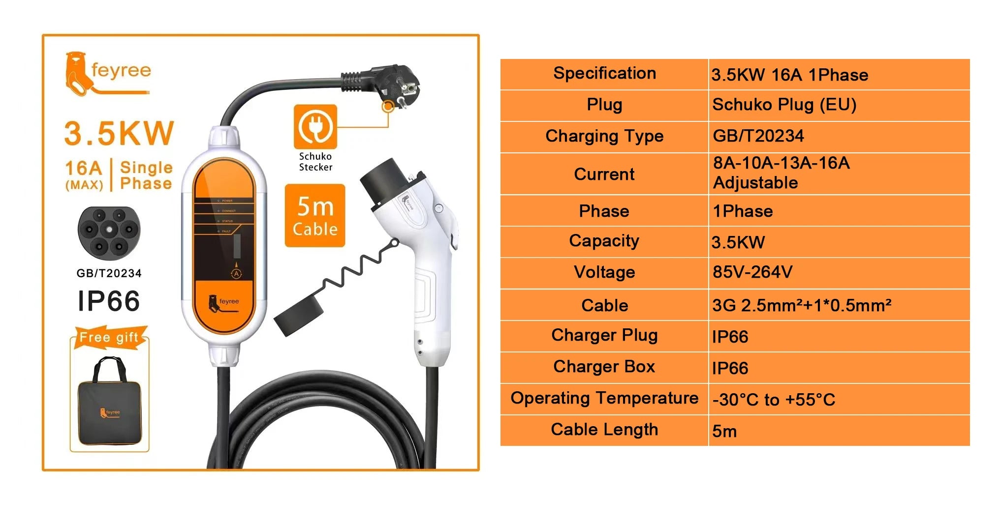 feyree EV Charger GB/T Cord 16A 3.5KW 1Phase Portable Charger