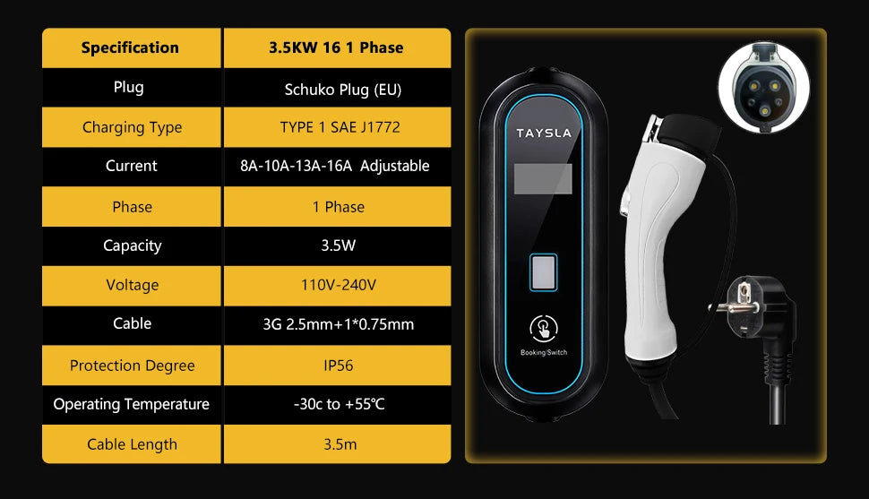 TAYSLA Electric Car Charger 3.5kW 16A Type 2 Portable EV Charger