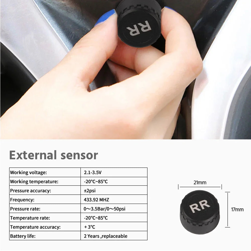 Car Intelligent TPMS Solar Tyre Pressure Monitoring System With 4 External Sensors For Tyre Temperature Tire Air Pressure Gauge