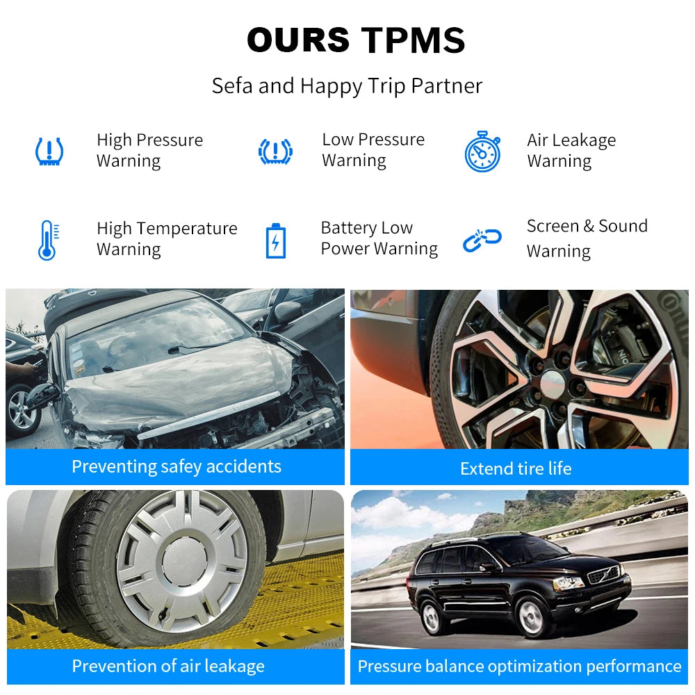 Car Intelligent TPMS Solar Tyre Pressure Monitoring System With 4 External Sensors For Tyre Temperature Tire Air Pressure Gauge